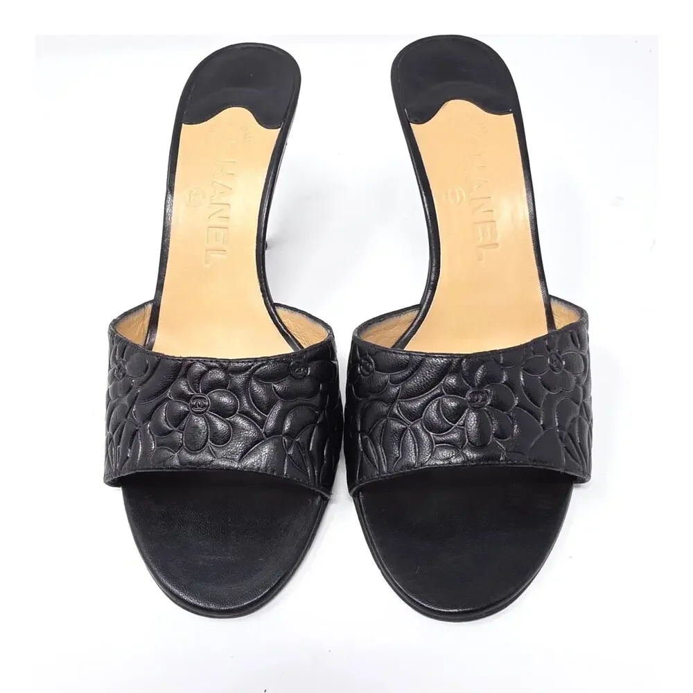 Chanel Vintage Camellia Flower Leather Mules Black Open Toe Heels CC Logo 38.5 8